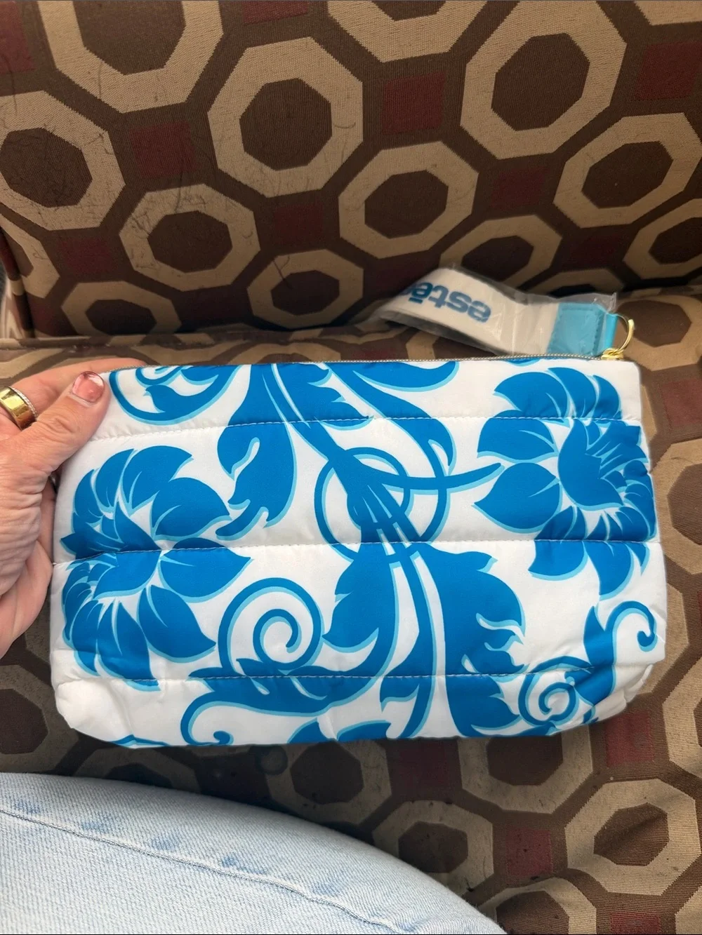Blue Floral Quilted puffer makeup Pouch